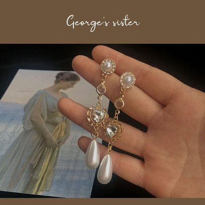Dangle Pearl Faux Earring Heart Rhinestone Alloy