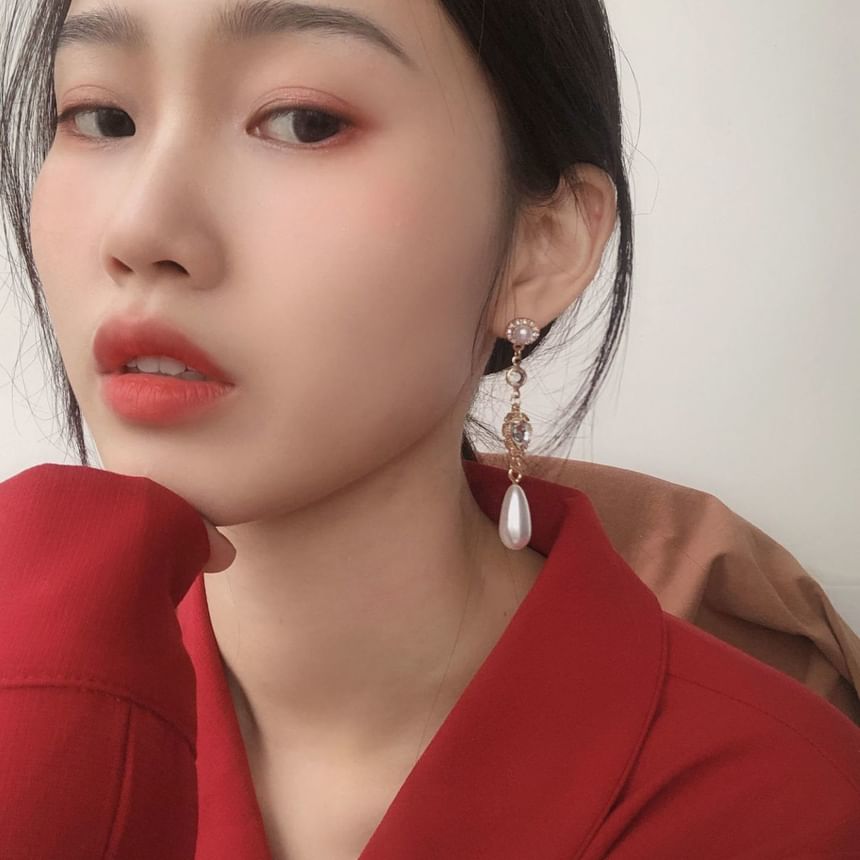 Dangle Pearl Faux Earring Heart Rhinestone Alloy