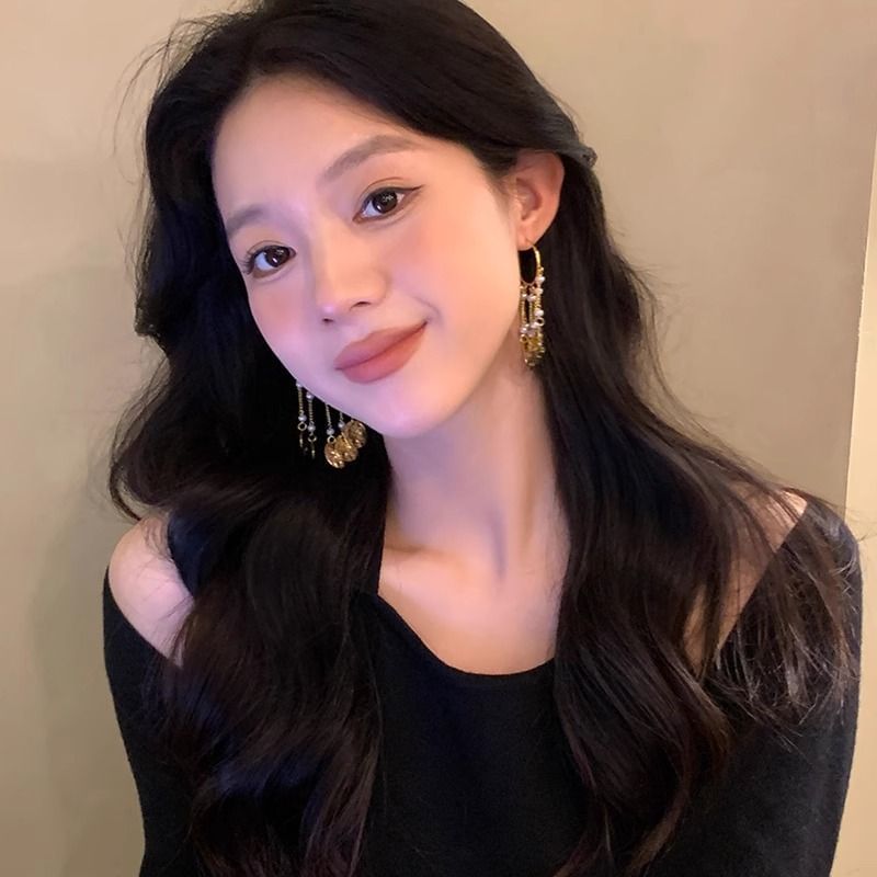 Alloy Disc Pearl Textured Earring Faux Chandelier