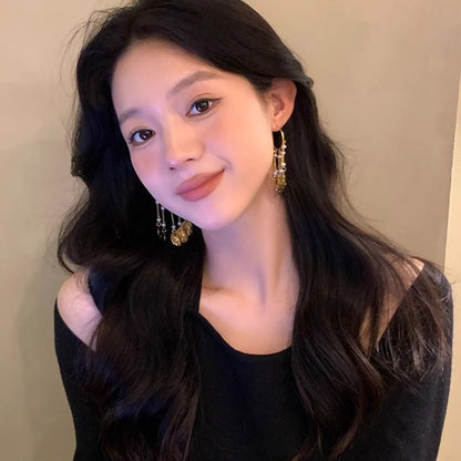 Alloy Disc Pearl Textured Earring Faux Chandelier