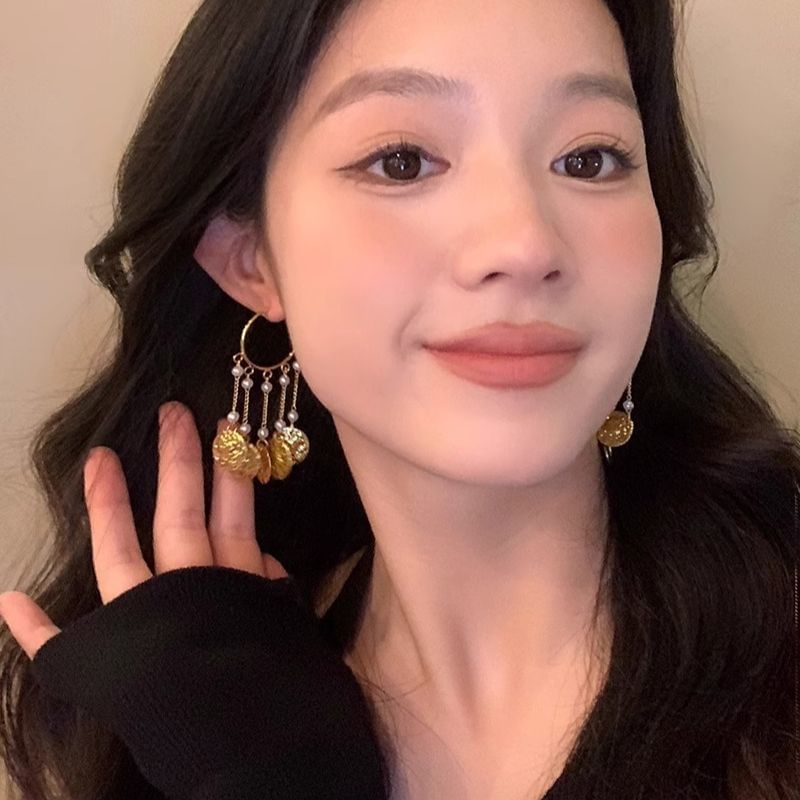 Alloy Disc Pearl Textured Earring Faux Chandelier