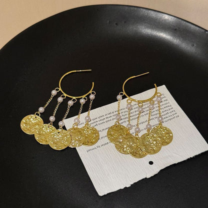 Alloy Disc Pearl Textured Earring Faux Chandelier