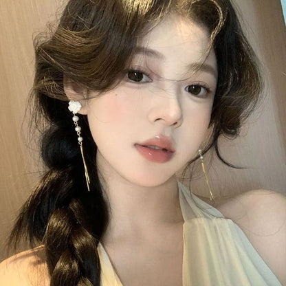 Faux Pearl Threader Floral Alloy Earring