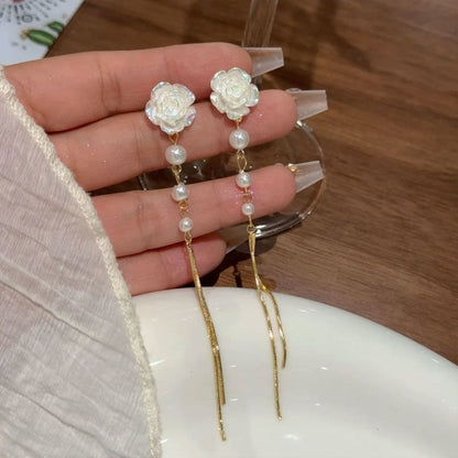 Faux Pearl Threader Floral Alloy Earring