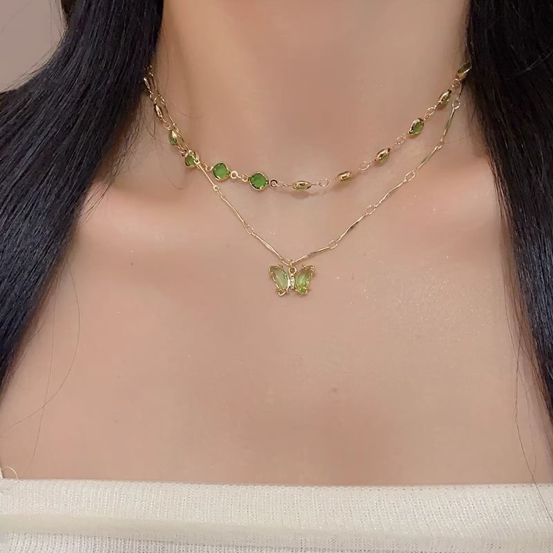 Butterfly Necklace Layered Rhinestone Station