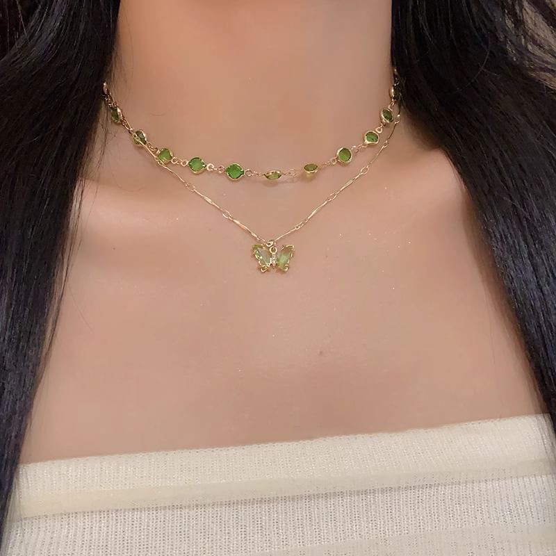 Butterfly Necklace Layered Rhinestone Station
