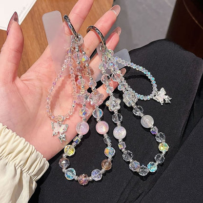 Wrist Strap with Faux Lanyard Crystal Phone Beaded Butterfly Pad