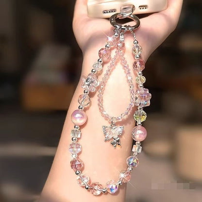Wrist Strap with Faux Lanyard Crystal Phone Beaded Butterfly Pad