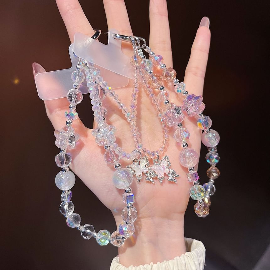 Wrist Strap with Faux Lanyard Crystal Phone Beaded Butterfly Pad