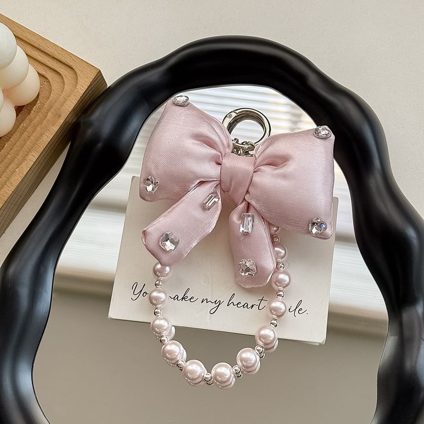 Pad Rhinestone Charm Phone with Bow Lanyard Faux Pearl