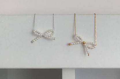 Bow 925 Beaded Silver Necklace Sterling