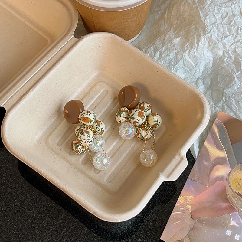 Beaded Fabric Drop Print Earring Floral