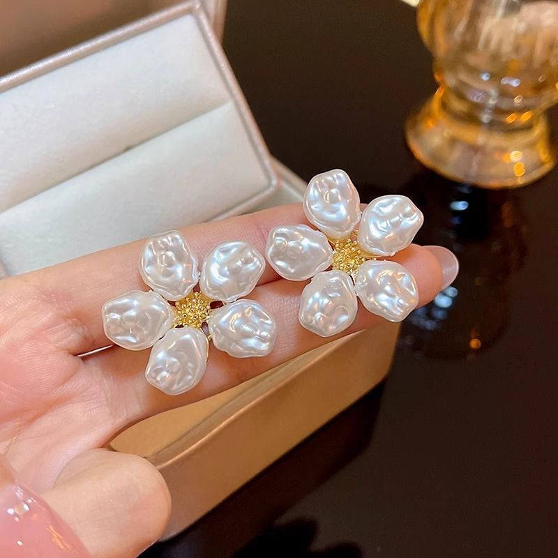 Statement Floral Earring Alloy Pearl Faux