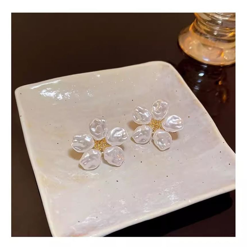 Statement Floral Earring Alloy Pearl Faux