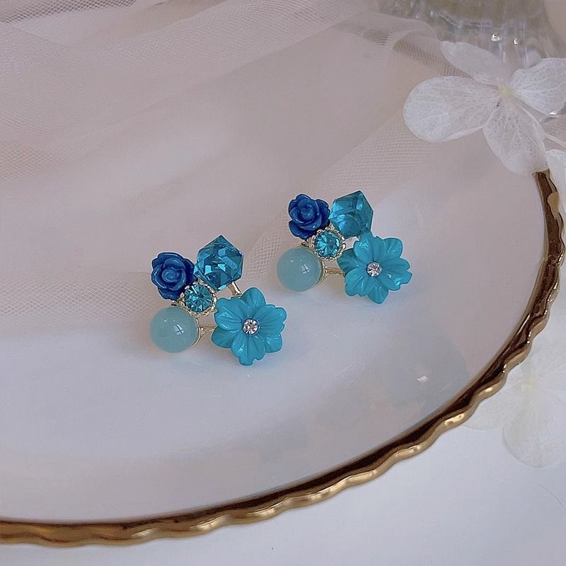 Floral Earring Alloy Statement Rhinestone