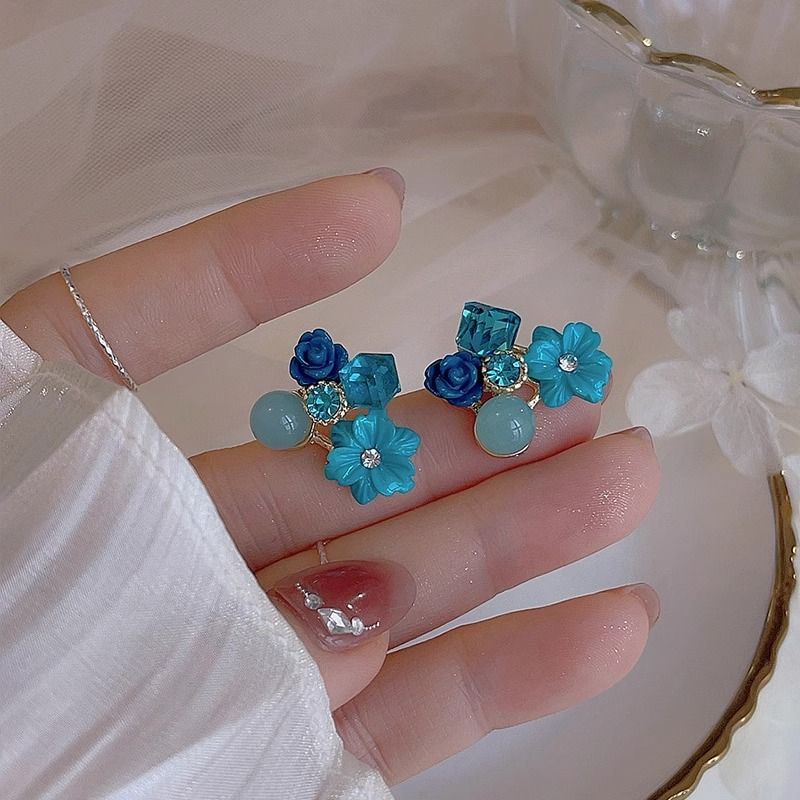 Floral Earring Alloy Statement Rhinestone