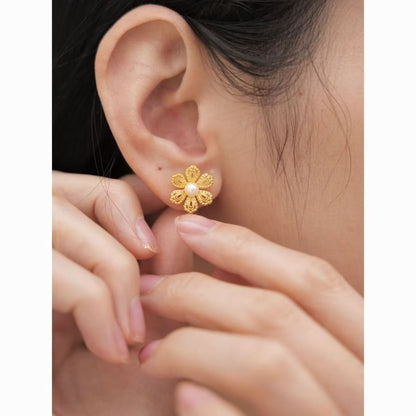 Floral Alloy Pearl Faux Earring Stud
