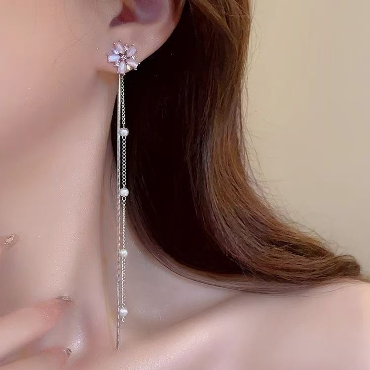 Alloy Faux Floral Pearl Threader Earring Gemstone