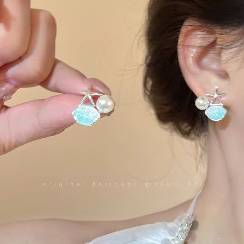 Faux Pearl Starfish Alloy Stud Rhinestone Earring