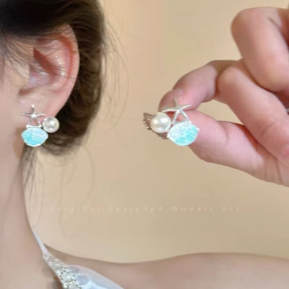 Faux Pearl Starfish Alloy Stud Rhinestone Earring