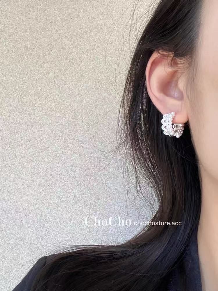 Huggie Pearl Lace Faux Earring Alloy