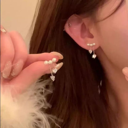 Pearl Rhinestone Dangle Alloy Heart Faux Earring