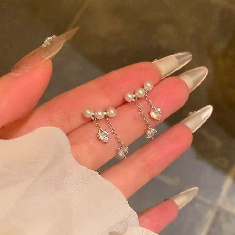 Pearl Rhinestone Dangle Alloy Heart Faux Earring