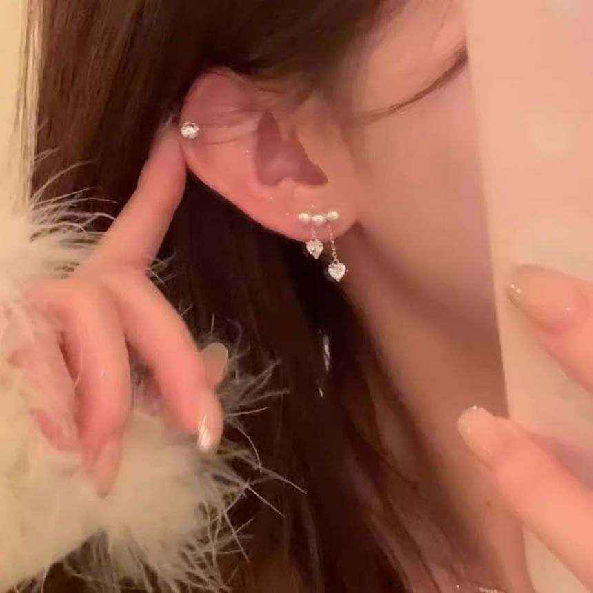 Pearl Rhinestone Dangle Alloy Heart Faux Earring