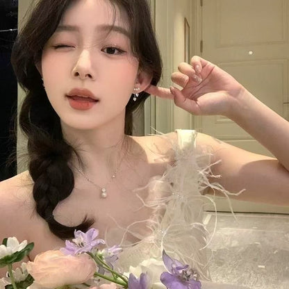 Pearl Rhinestone Dangle Alloy Heart Faux Earring