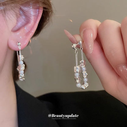 Hoop Earring Alloy Dangle Faux Chain Pearl