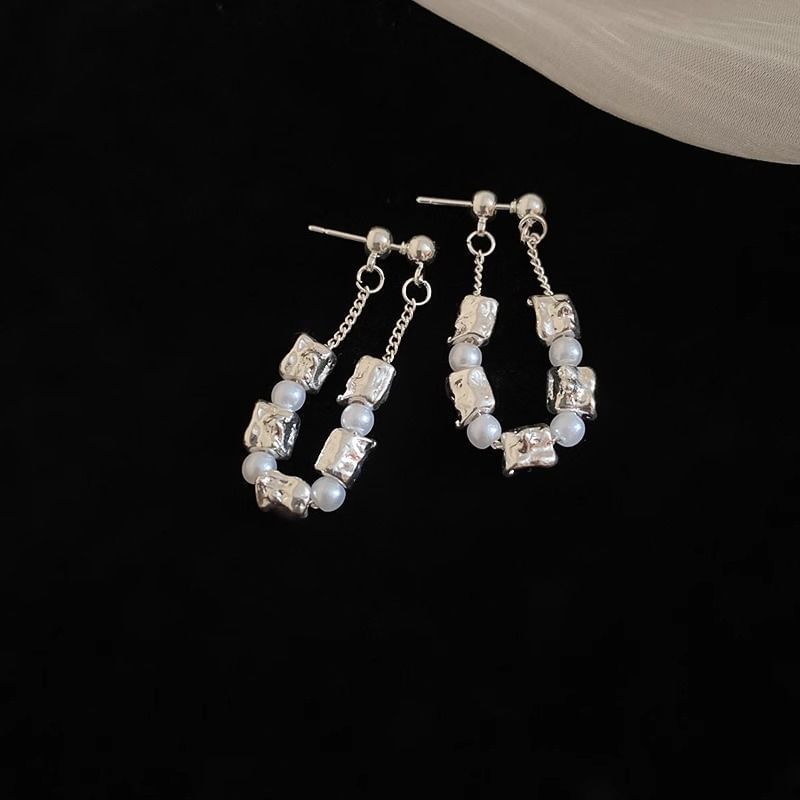 Hoop Earring Alloy Dangle Faux Chain Pearl