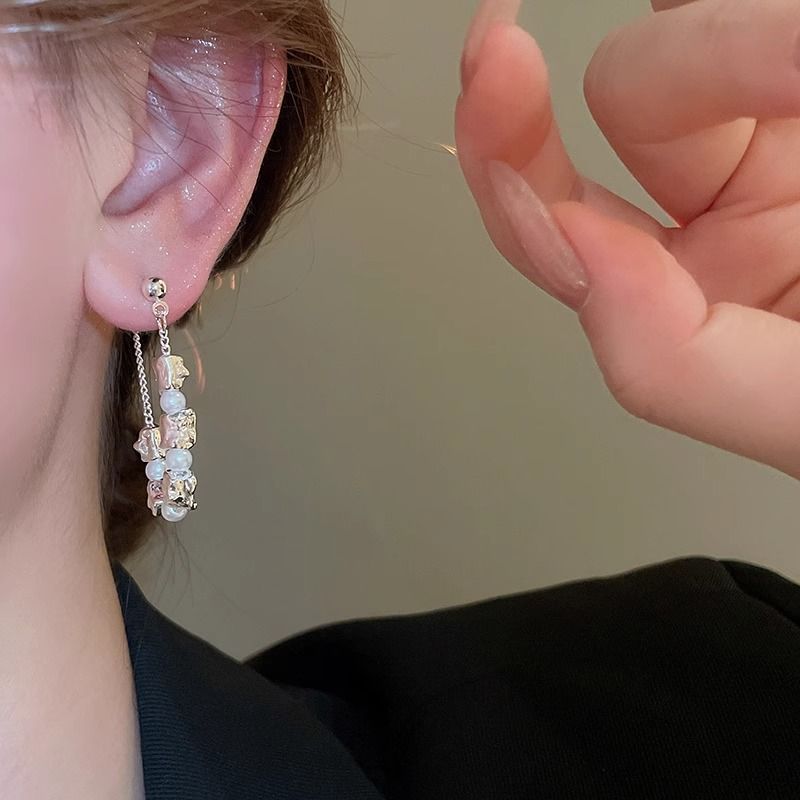 Hoop Earring Alloy Dangle Faux Chain Pearl