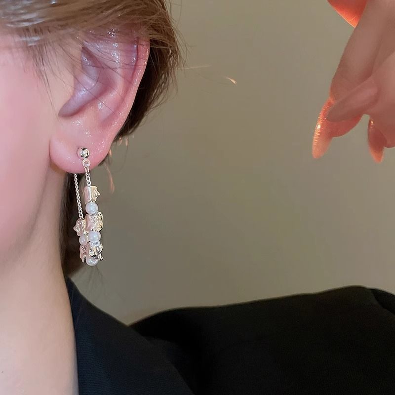 Hoop Earring Alloy Dangle Faux Chain Pearl