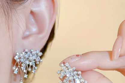 Rhinestone Alloy Stud Faux Firework Pearl Earring