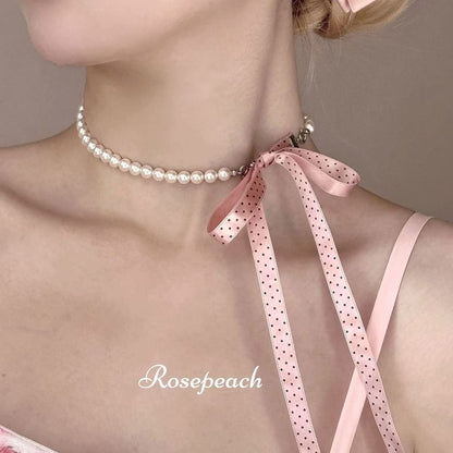Necklace Dotted Ribbon Beaded
