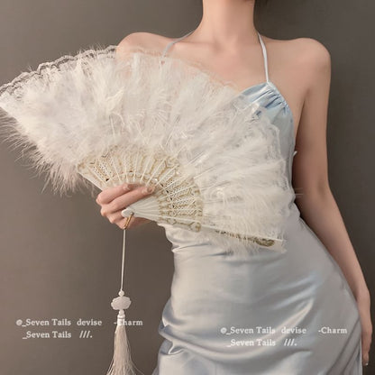 Lace Hand Tassel Foldable Feather Fan