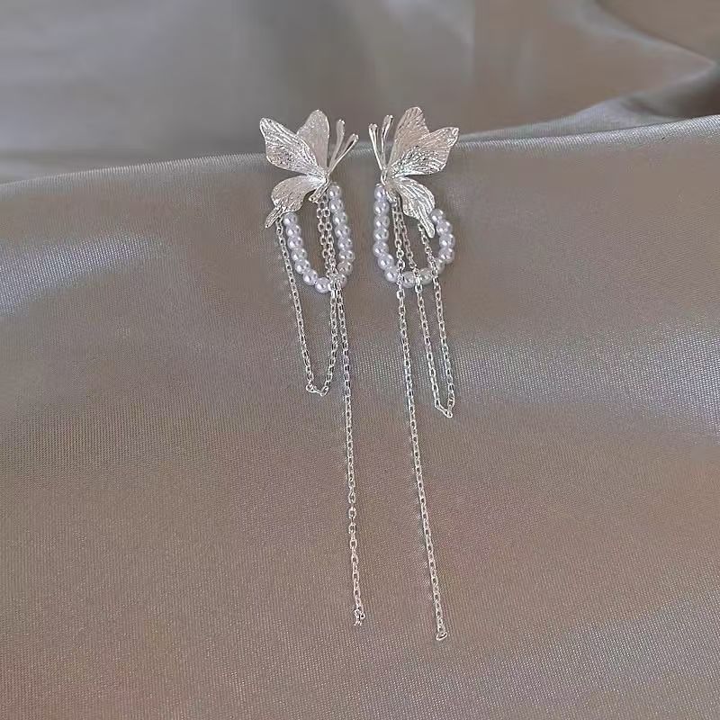 Butterfly Earring Fringed Drop Faux Pearl