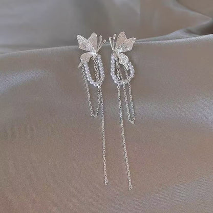 Butterfly Earring Fringed Drop Faux Pearl
