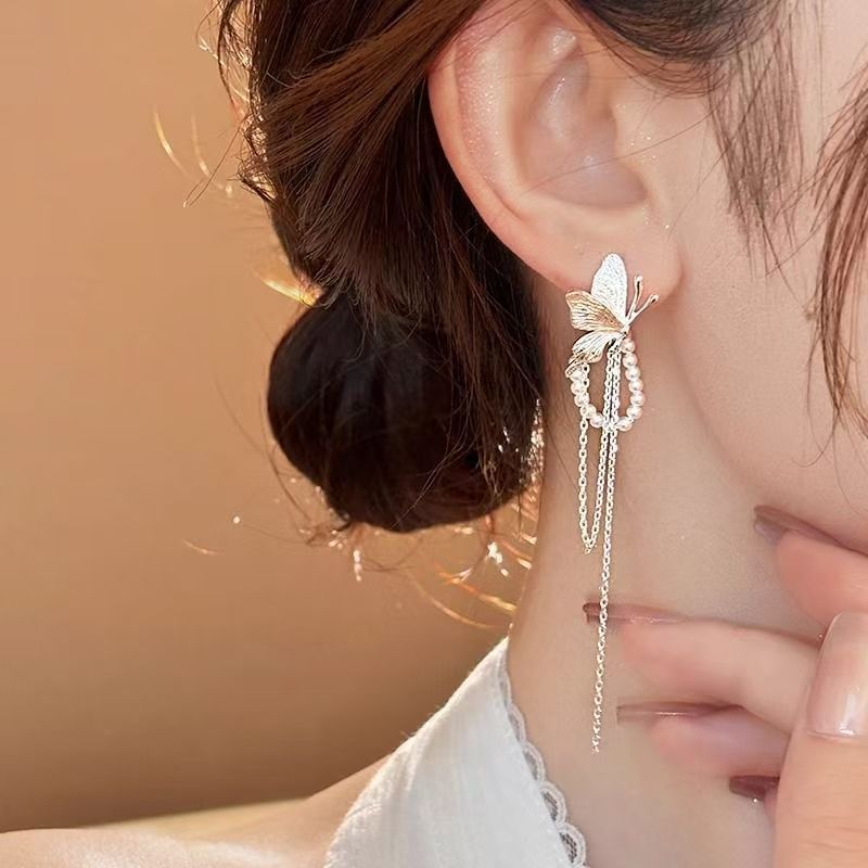 Butterfly Earring Fringed Drop Faux Pearl