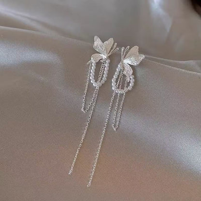 Butterfly Earring Fringed Drop Faux Pearl