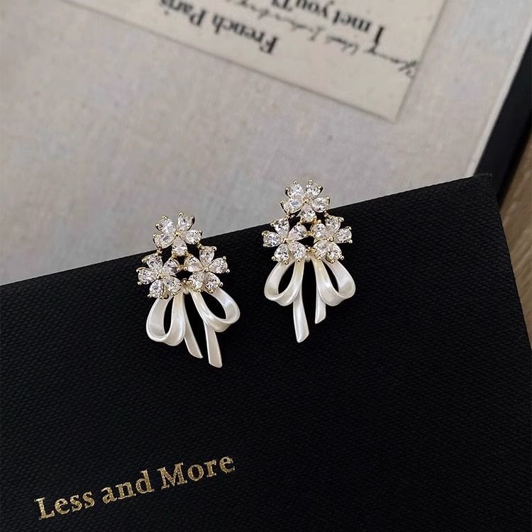 Drop Flower Rhinestone Earring Bow