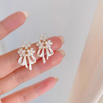 Drop Flower Rhinestone Earring Bow
