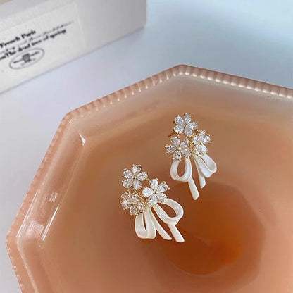 Drop Flower Rhinestone Earring Bow