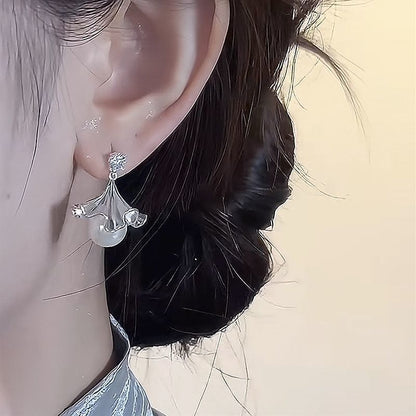 Faux Ginkgo Earring Drop Rhinestone Pearl