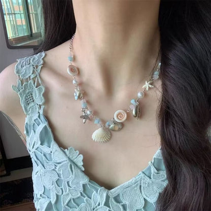Shell Starfish Necklace Pearl Faux