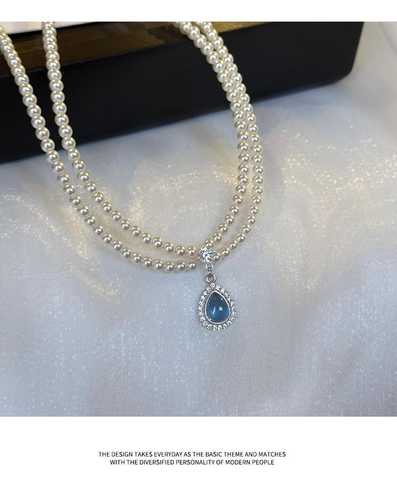 Pearl Pendant Necklace Layered Faux Gemstone