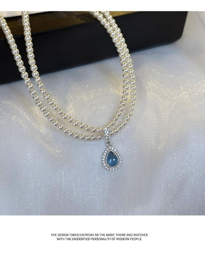 Pearl Pendant Necklace Layered Faux Gemstone