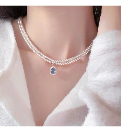 Pearl Pendant Necklace Layered Faux Gemstone