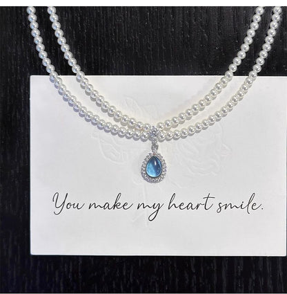 Pearl Pendant Necklace Layered Faux Gemstone