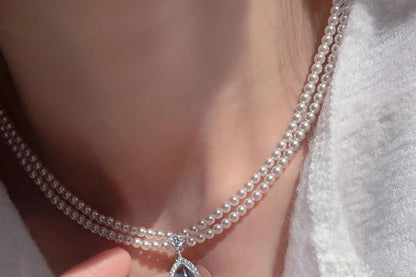 Pearl Pendant Necklace Layered Faux Gemstone